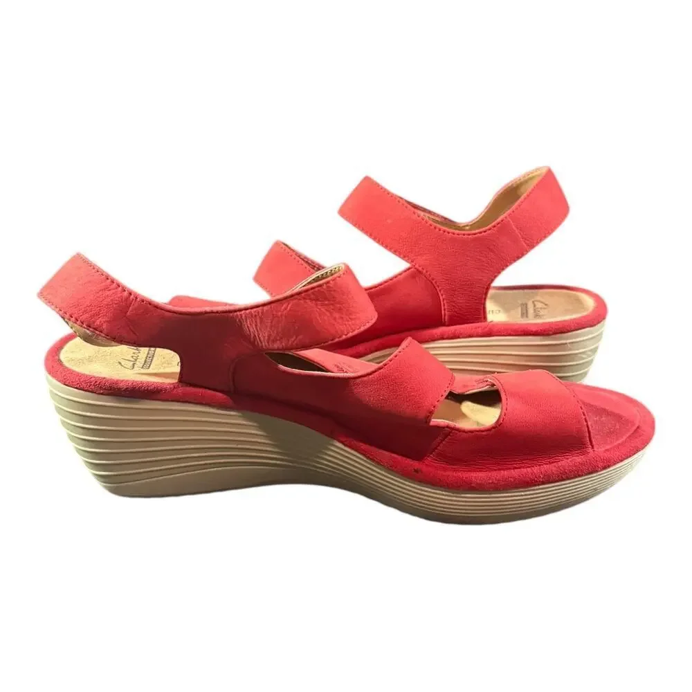 Clarks Women’s Reedly Juno Red Leather Nubuck Wedge Sandals Size 10 M